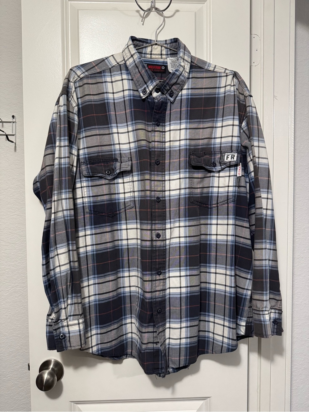 Wolverine Gray, Blue & White Plaid Button-Down Shirt Flam Resistant